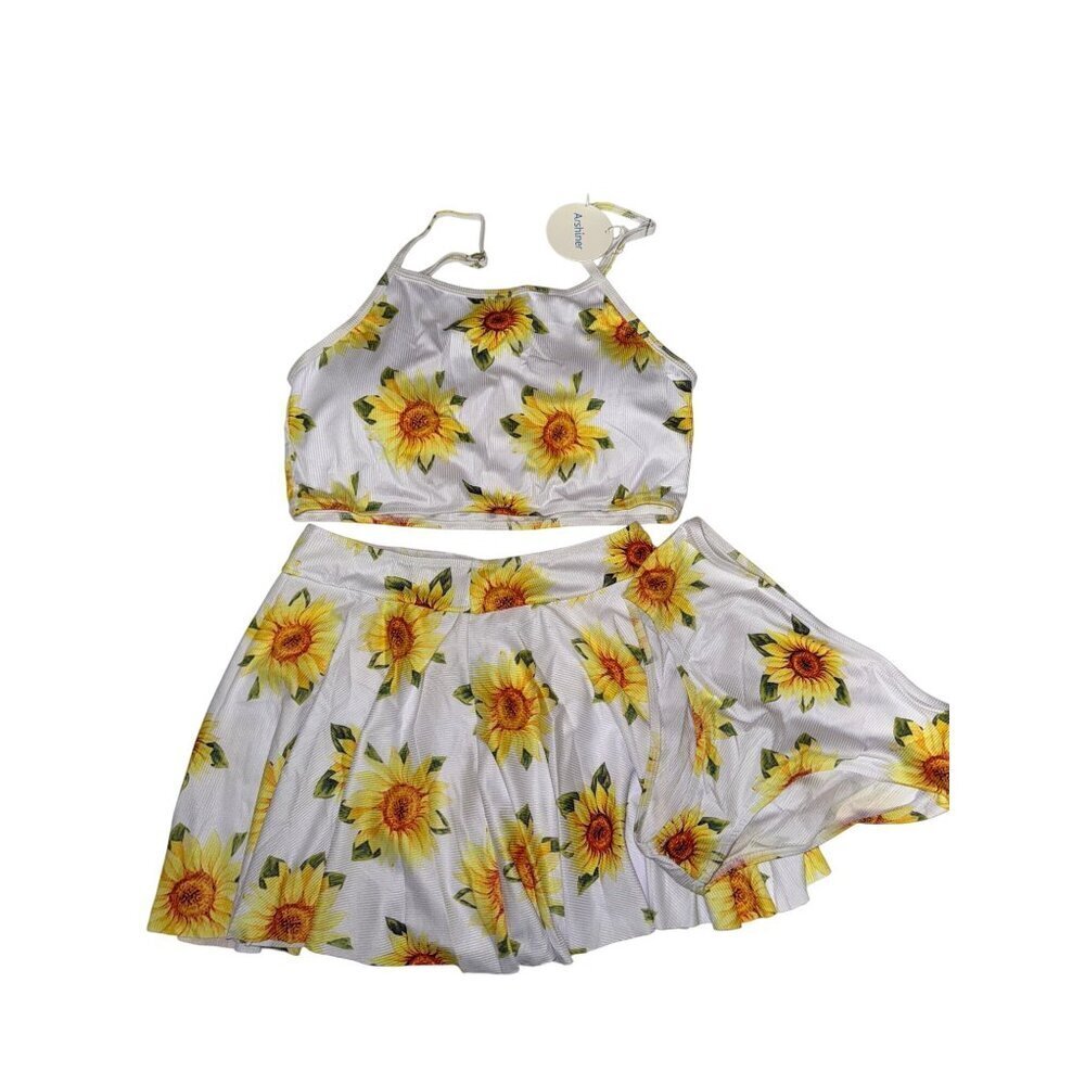 NEW ARSHINER Women's  3 Piece Swim Suit White Sunflowers Ribbed Skirt Size Small